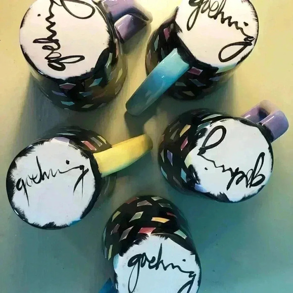 4 Handmade Mugs Ceramic Black & Multicolor Dots - Picture 7 of 8